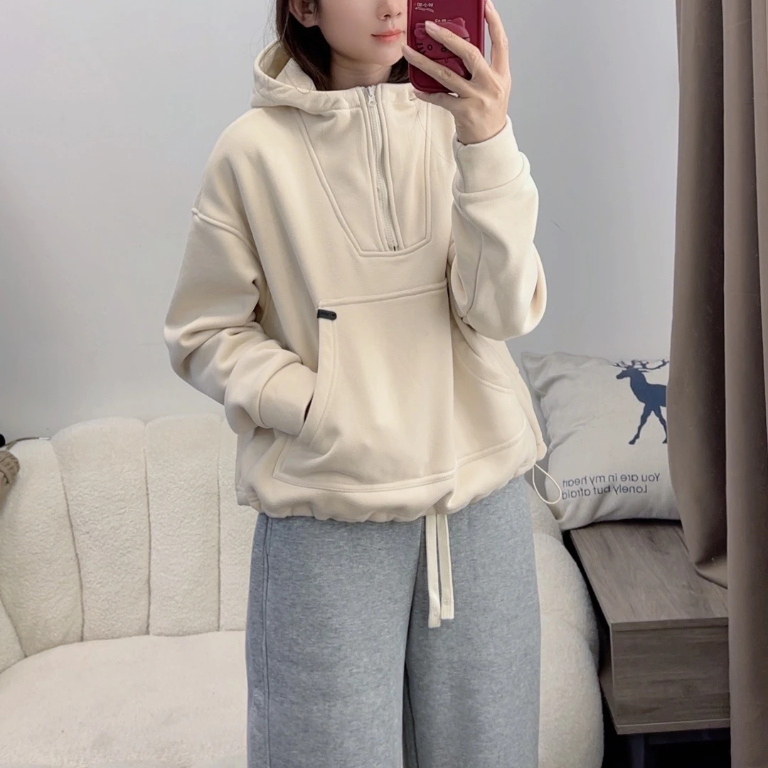 加绒加厚半拉链卫衣女2024新款小众极简风百搭宽松上衣DYY2318