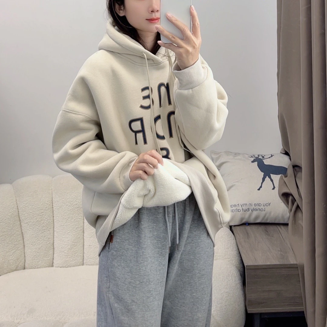 S/H加厚羔毛字母印花宽松外套上衣百搭半拉链连帽卫衣女DYY2379