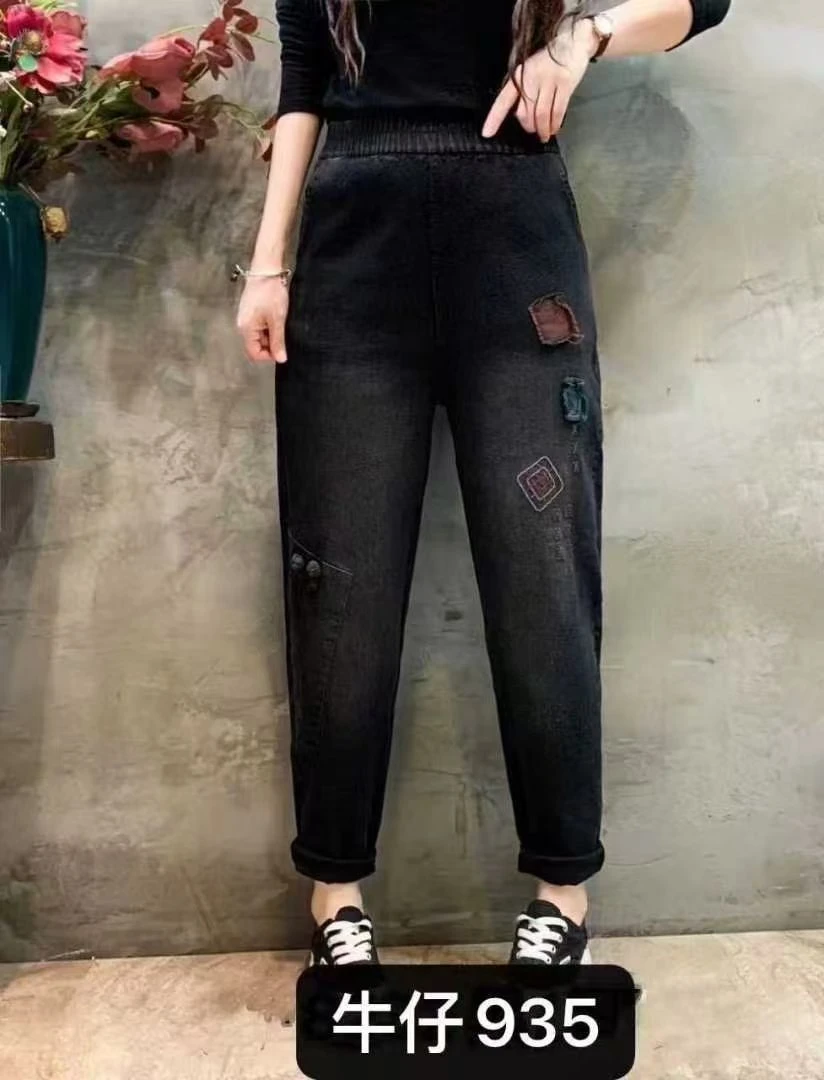 女士宽松加绒贴布休闲老爹牛仔裤 935 -A116****