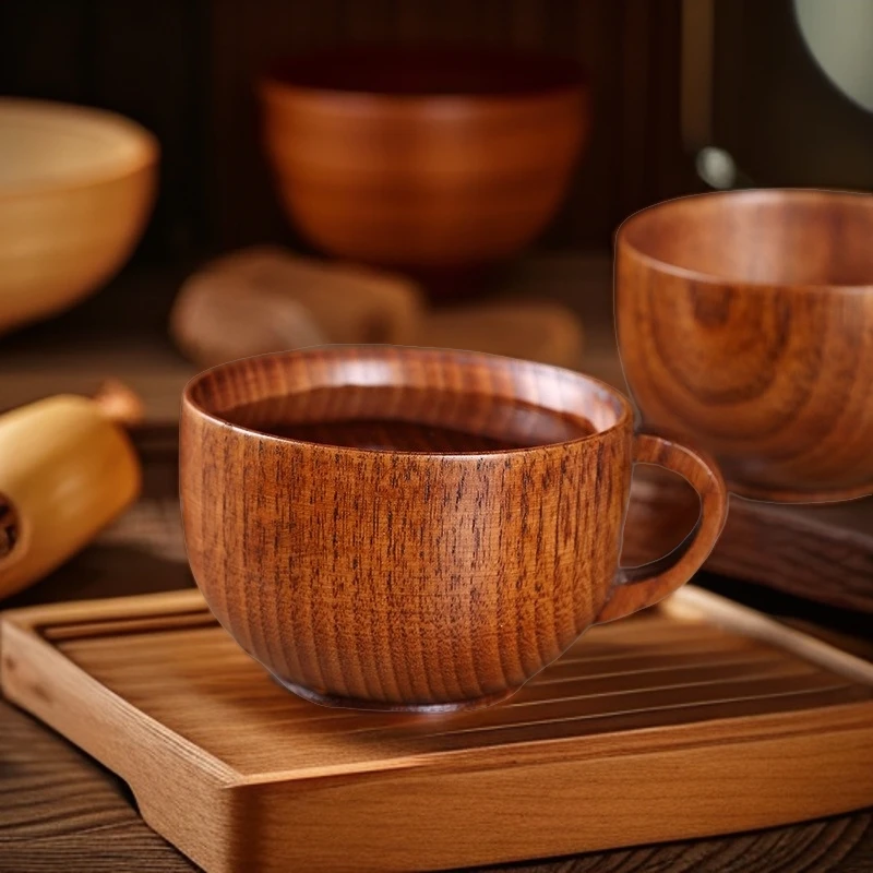 创意日式木质带手柄咖啡杯 酸枣木茶水杯儿童木碗杯 复古实木