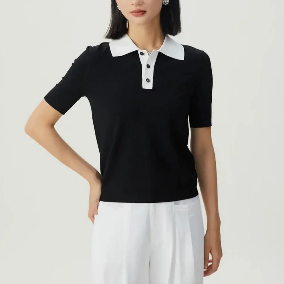 AMASS/阿玛施一线成衣POLO领拼色百搭冰丝短袖针织上衣5399689