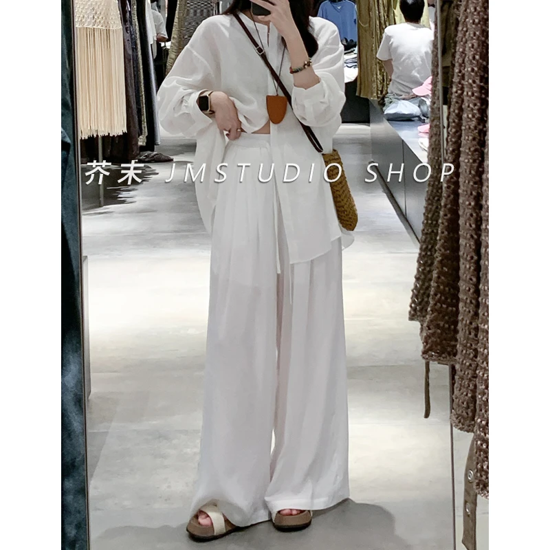 亚麻高腰显瘦白色阔腿裤女 夏早秋薄款宽松垂感休闲直筒拖地长裤