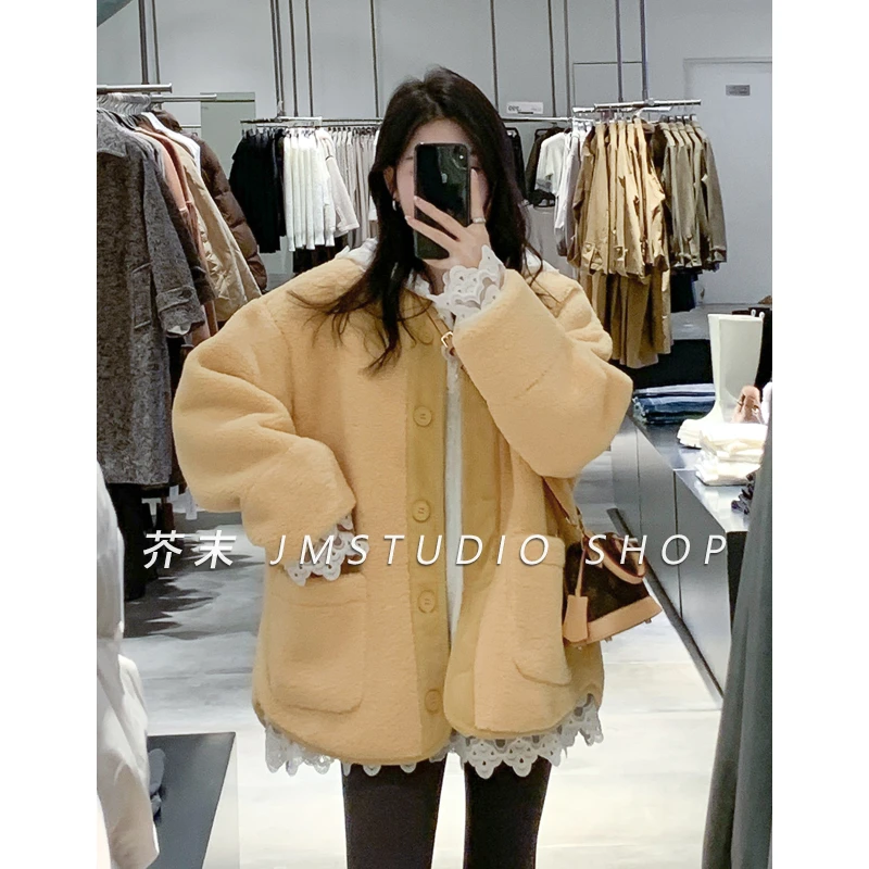 【芥末家】皮毛一体圆领厚外套女 2024秋冬宽松百搭休闲韩版