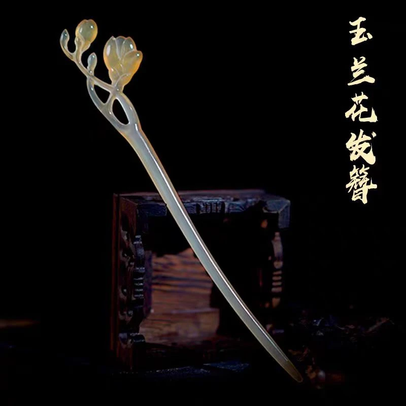 经典玉兰花款羊角发簪古风发簪中国风盘发簪简约日常发簪子百搭