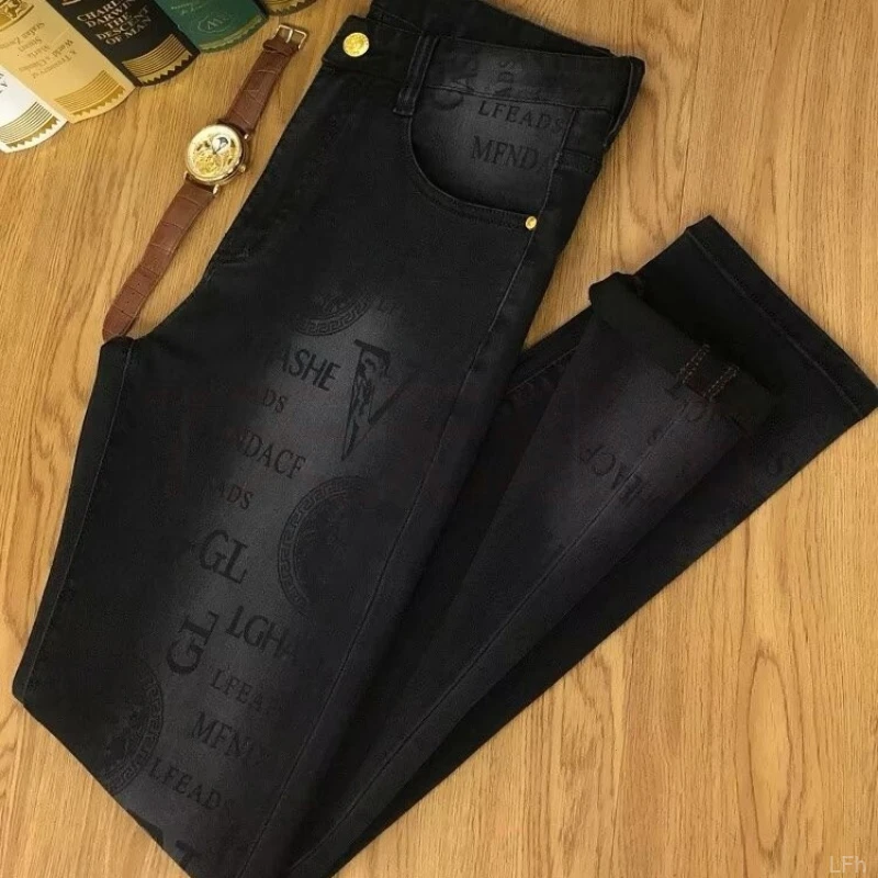 小脚裤轻奢男款弹力牛仔裤高端男生虎头印花热销爆款黑色长裤男士