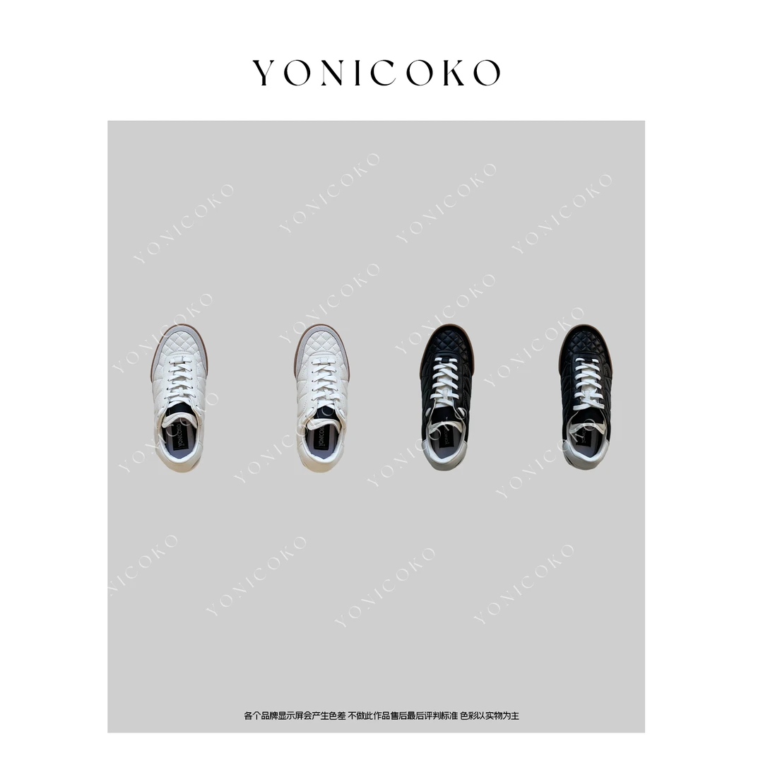 【Yoni Coko】真皮圆头菱格运动鞋 23秋冬新款系带百搭小球鞋