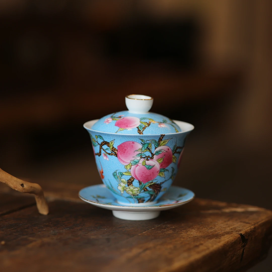 爱新觉罗｜中式陶瓷珐琅彩寿桃盖碗黄绿蓝黑四色