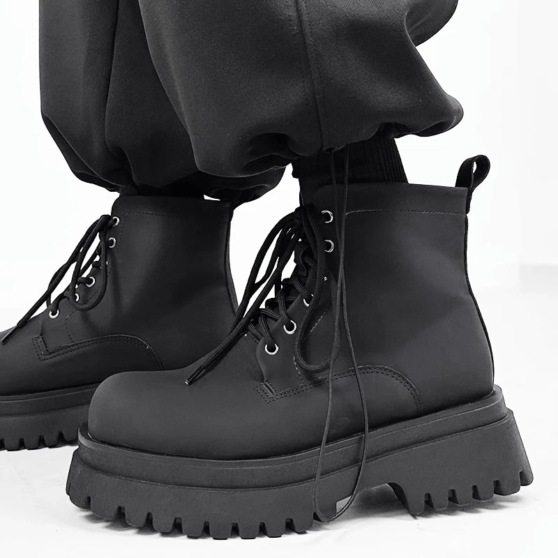 厚底短靴子男磨砂英伦风机车高帮复古马丁靴2023新款增高休闲皮鞋