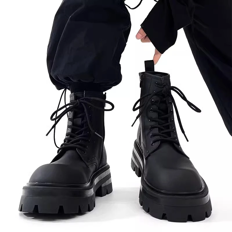 厚底增高马丁靴男士拉链机车靴冬季工装靴子英伦风高帮炭黑色男鞋