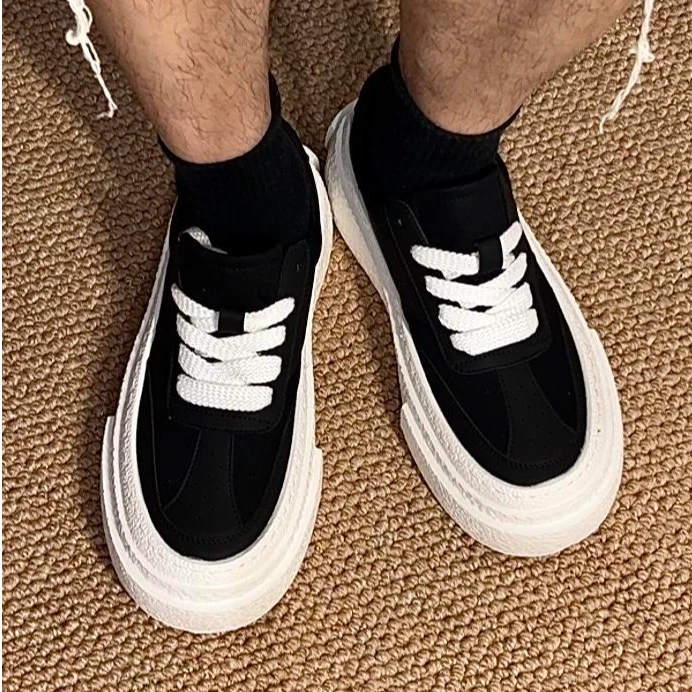 增高5CM小黑鞋男厚底百搭松糕鞋板鞋休闲韩版潮流小众低帮帆布鞋