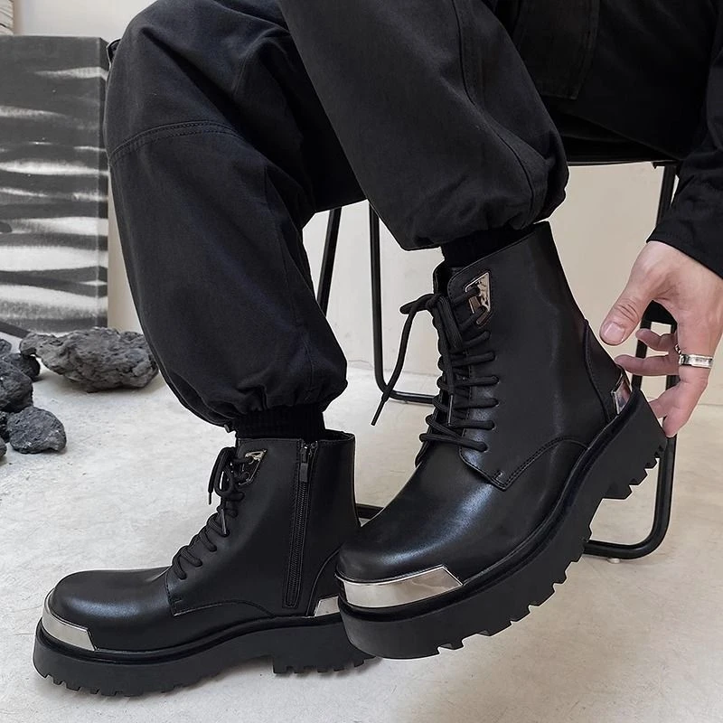 ins网红马丁靴男增高英伦风工装机车骑行靴高帮皮鞋短筒靴子男士