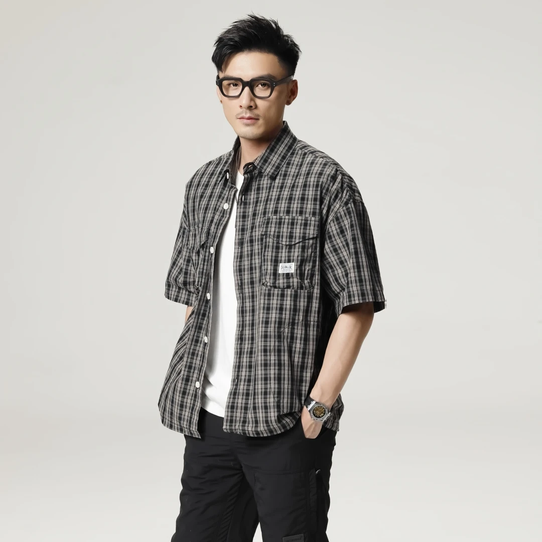 6075男士宽松百搭水洗夏季时尚翻领复古美式休闲街头短袖衬衫