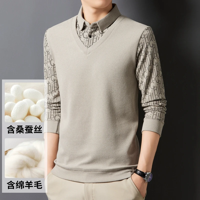 男士秋季桑蚕丝假两件中老年爸爸装商务休闲秋冬绵羊毛长袖上衣