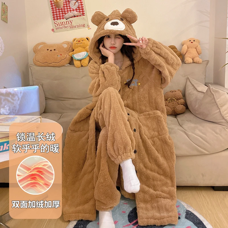 睡衣女秋冬珊瑚绒可外穿高颜值小个子加绒加厚中长款睡袍套装连帽