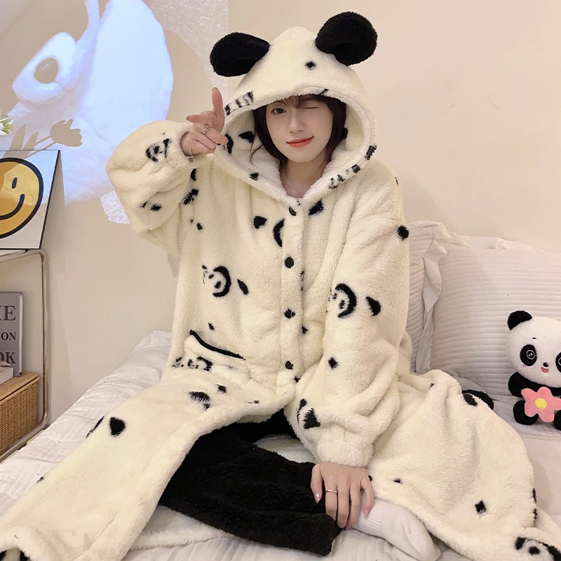 珊瑚绒睡衣女冬加厚加绒长睡袍连帽带裤子可外穿小个子家居服套装