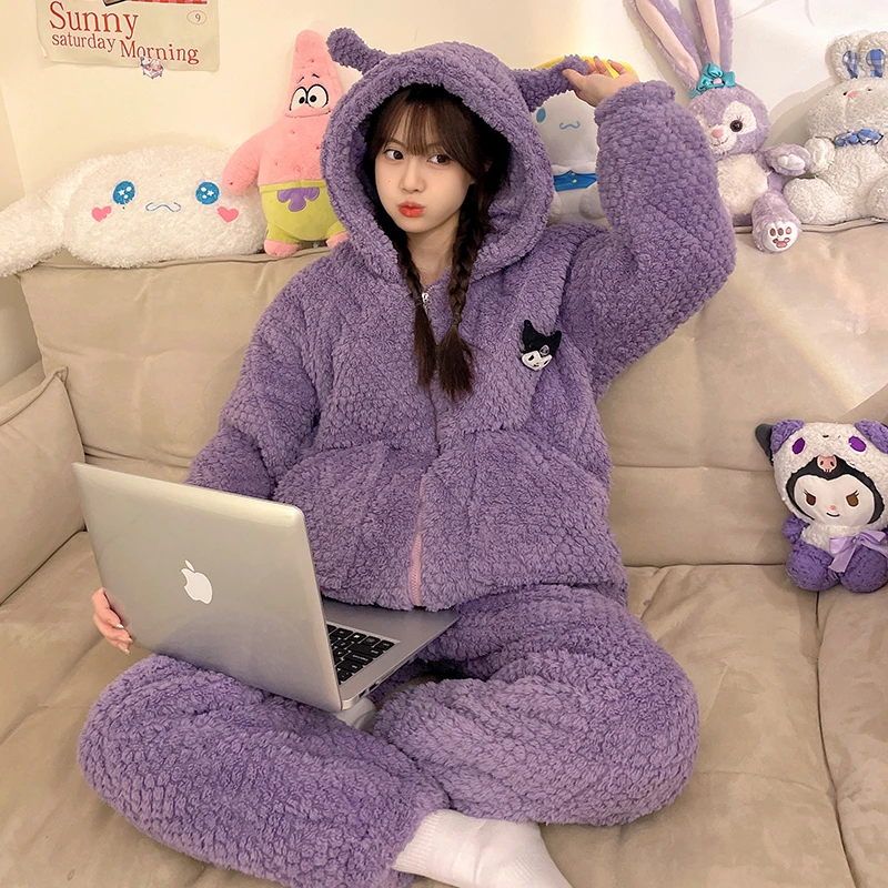 库洛米高颜值睡衣女冬季加厚加绒珊瑚绒可外穿学生保暖套装家居服