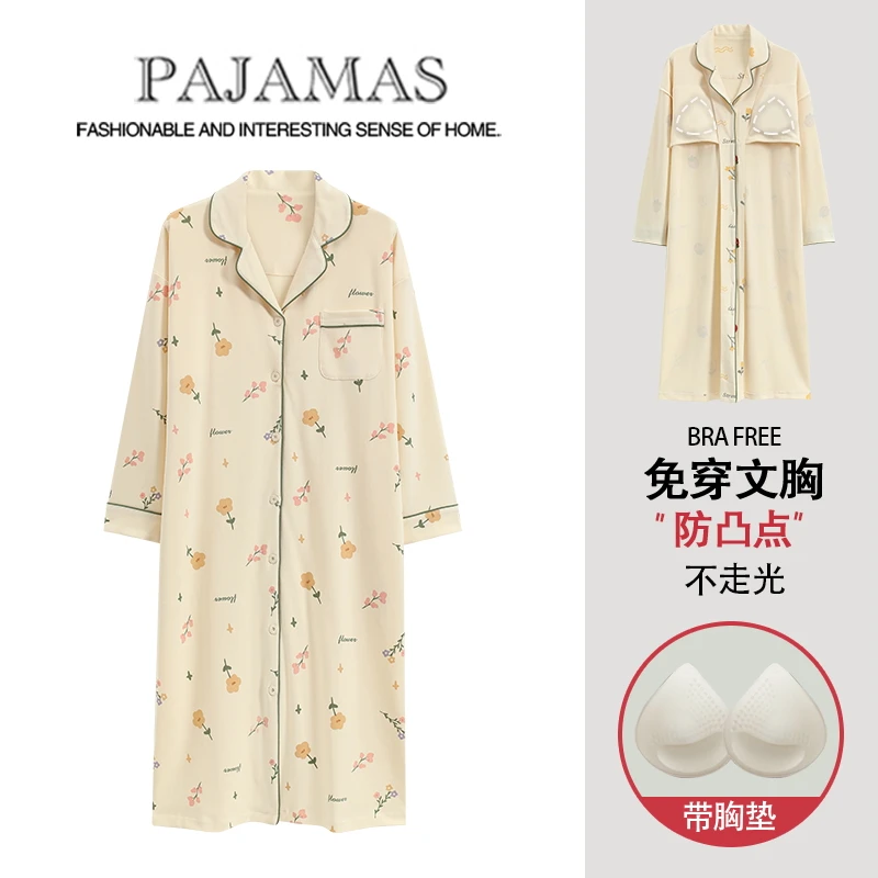 孕妇睡裙纯棉100%全棉可外穿自带乳垫宽松大码开衫长袖睡衣连衣裙