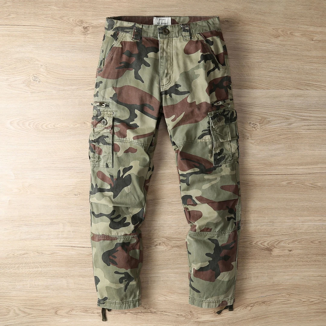 春秋美式复古纯棉迷彩工装裤男款多口袋大码宽松直筒耐磨休闲长裤