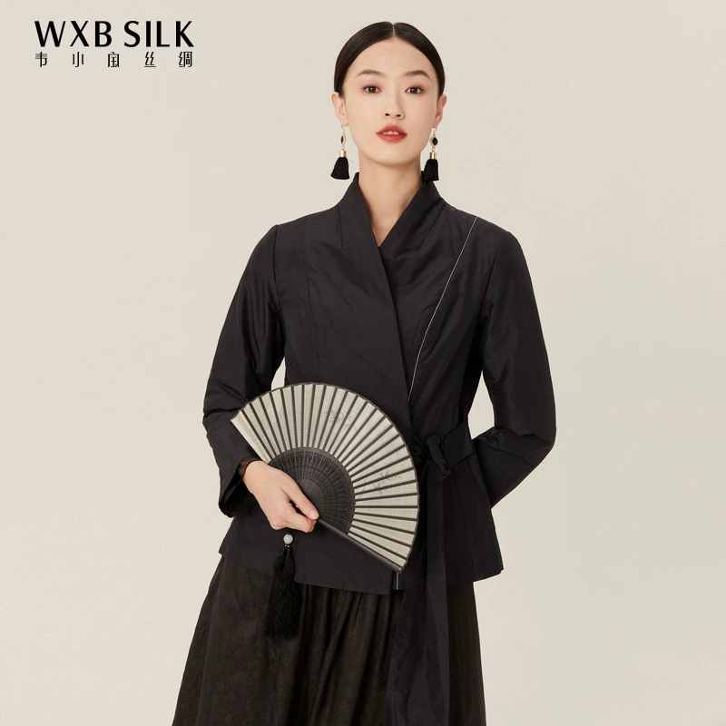 韦小宝秋冬桑蚕丝斜襟黑色短款上衣气质中式短外套棉衣2041112006