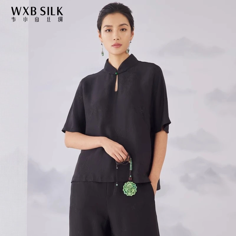 韦小宝春夏桑蚕丝短袖提花中式女士上衣百搭真丝上装2211101603