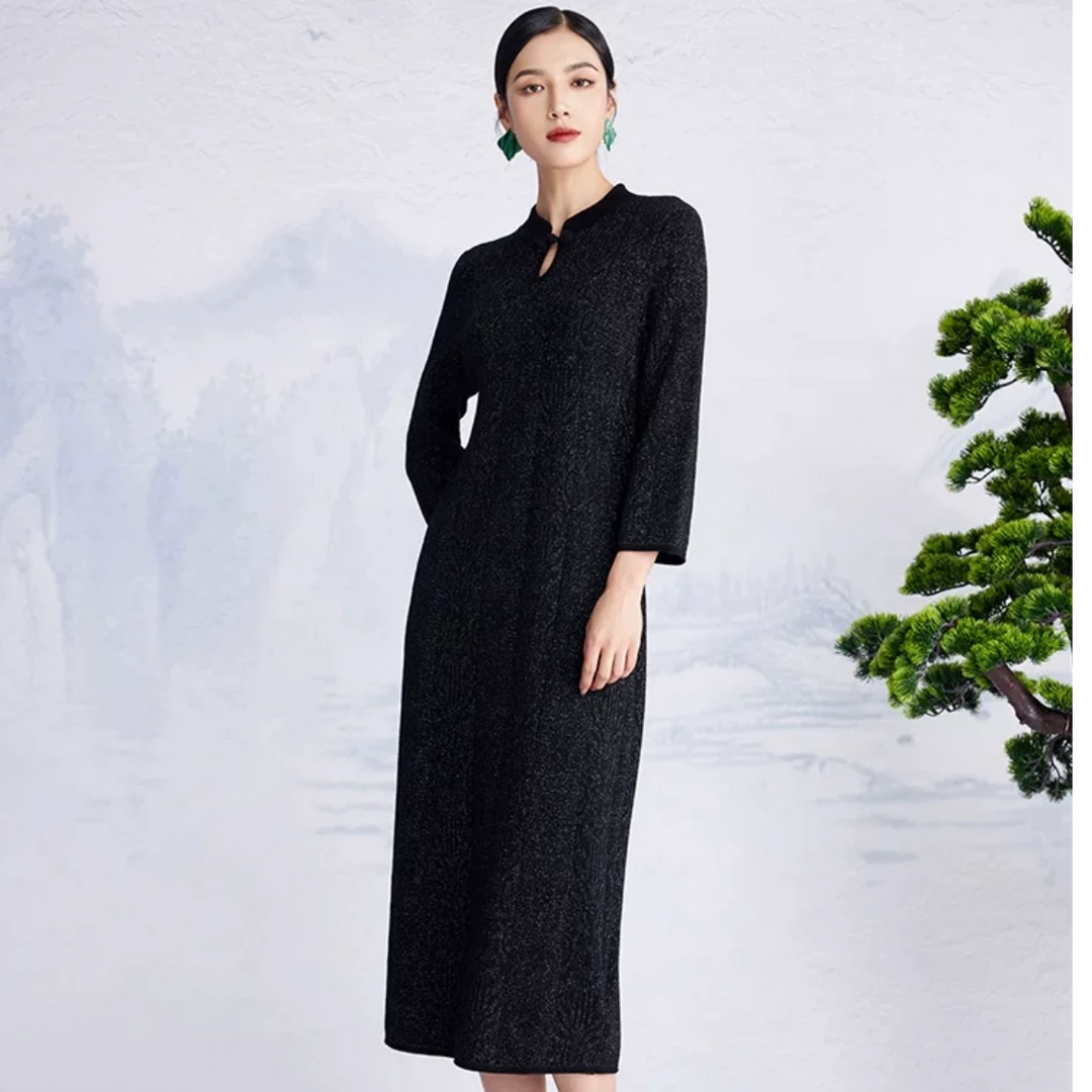 韦小宝印花国风长寿收腰针织连衣裙-2231147142