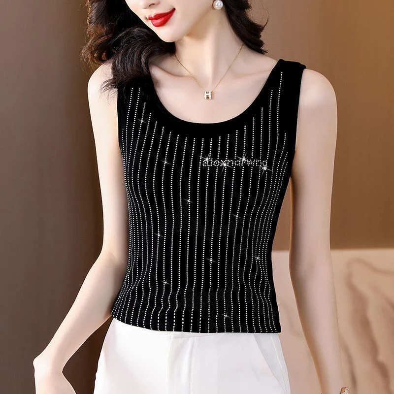 翊【七彩竖条镶钻】时尚百搭无袖背心亮钻t恤女装夏修身打底显瘦