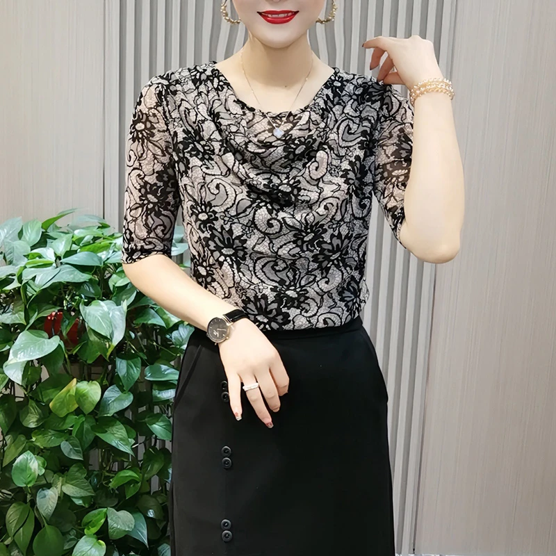 春季新款修身显瘦时尚堆堆领印花长袖打底妈妈装洋气减龄百搭上衣