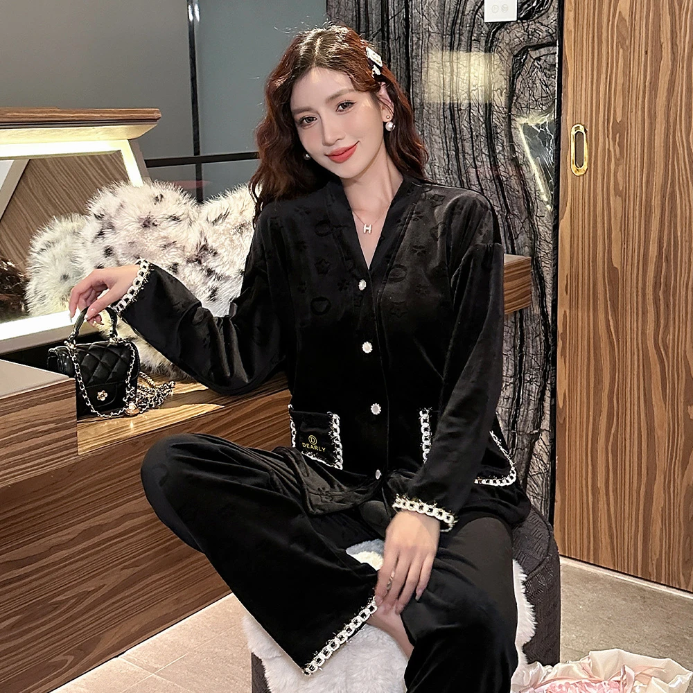 秋冬季海岛绒睡衣女保暖加厚小香风长袖套装大码宽松冬天家居服