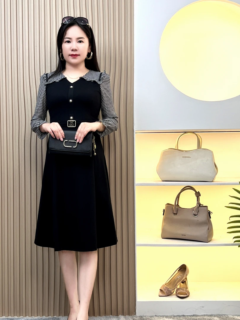 气质收腰雪纺长袖连衣裙2025秋季新款时尚遮肉减龄显瘦千鸟格裙子