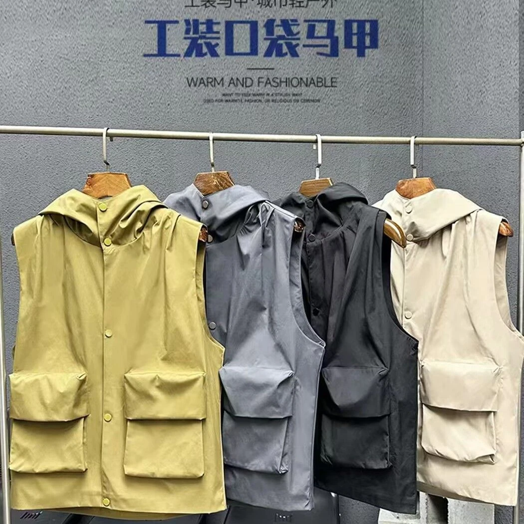 【轻奢欧货】纯色宽松无袖坎肩秋季连帽口袋马甲外穿工装背心外套