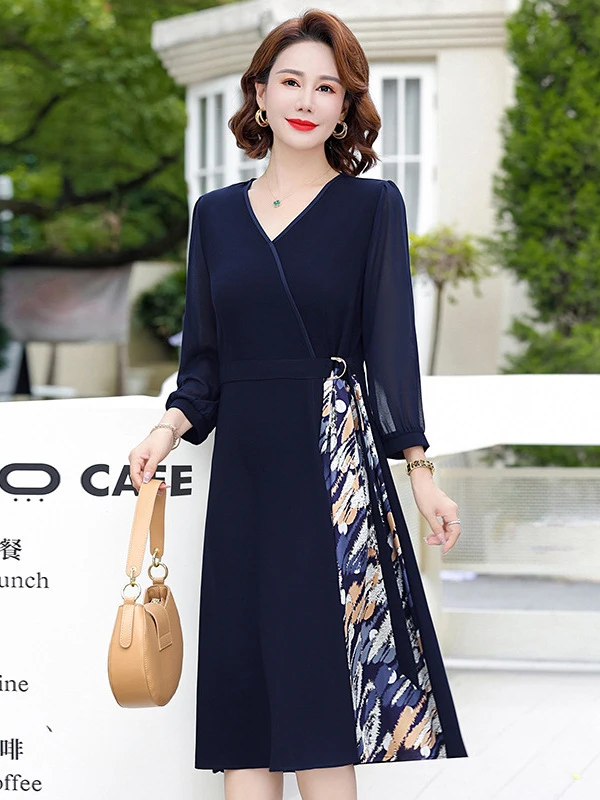 中老年妈妈夏装裙子印花拼接薄纱9分袖连衣裙中年女装飘逸优雅长