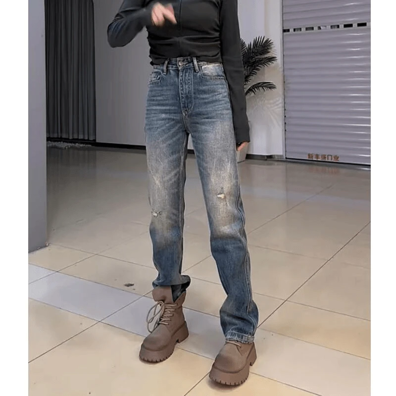 Aimeerosa/艾洛莎时尚百搭高腰牛仔裤女秋季新款宽松窄版直筒裤子