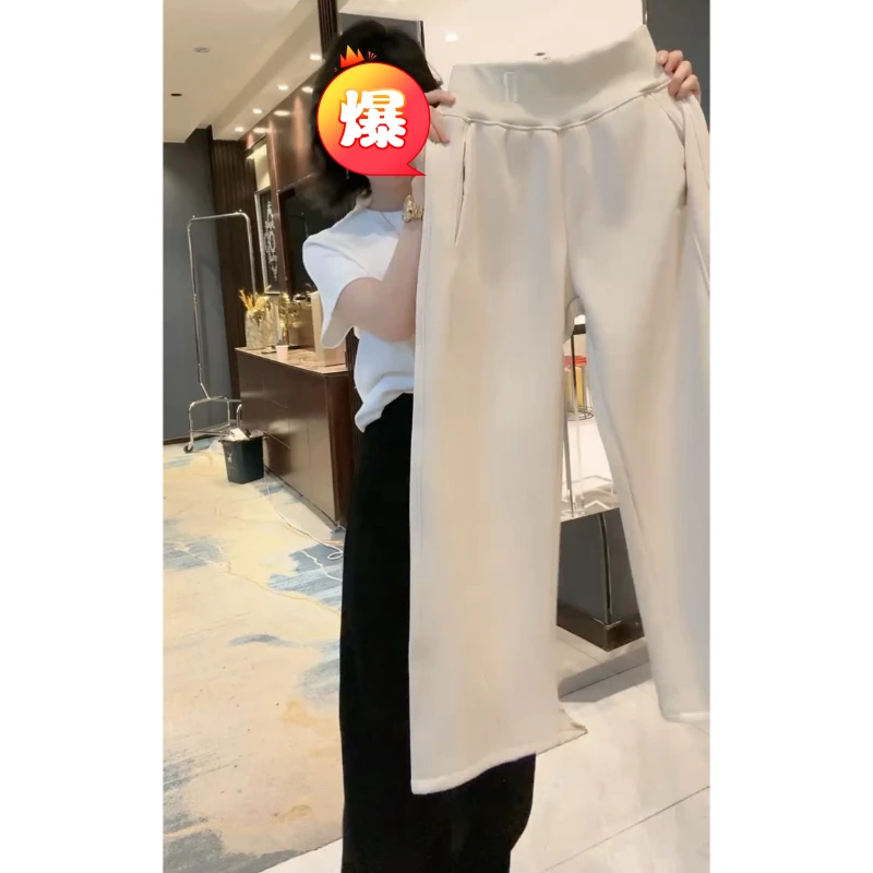 Aimeerosa/艾洛莎冬季字母时尚弯刀加厚休闲裤高腰宽松显瘦拖地裤