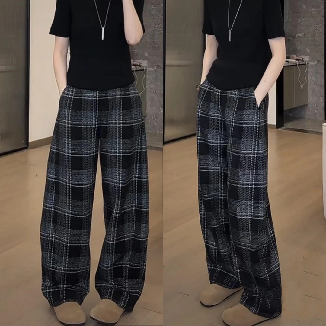 Aimeerosa/艾洛莎格子弯刀裤女宽松显瘦休闲裤2024秋冬黑白拖地裤