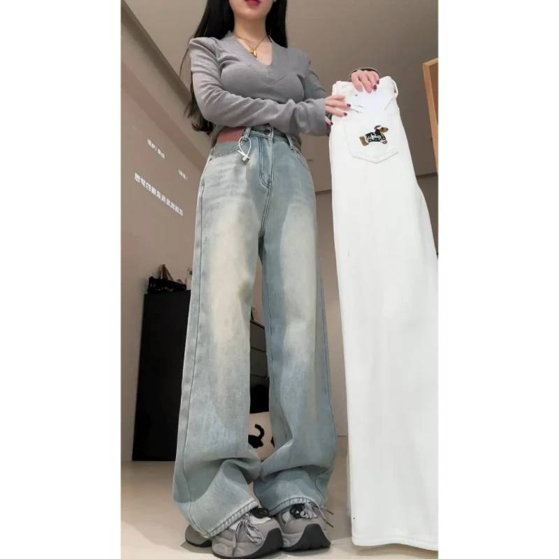 Aimeerosa/艾洛莎秋冬款刺绣小狗图案牛仔裤女加绒可爱百搭阔腿裤