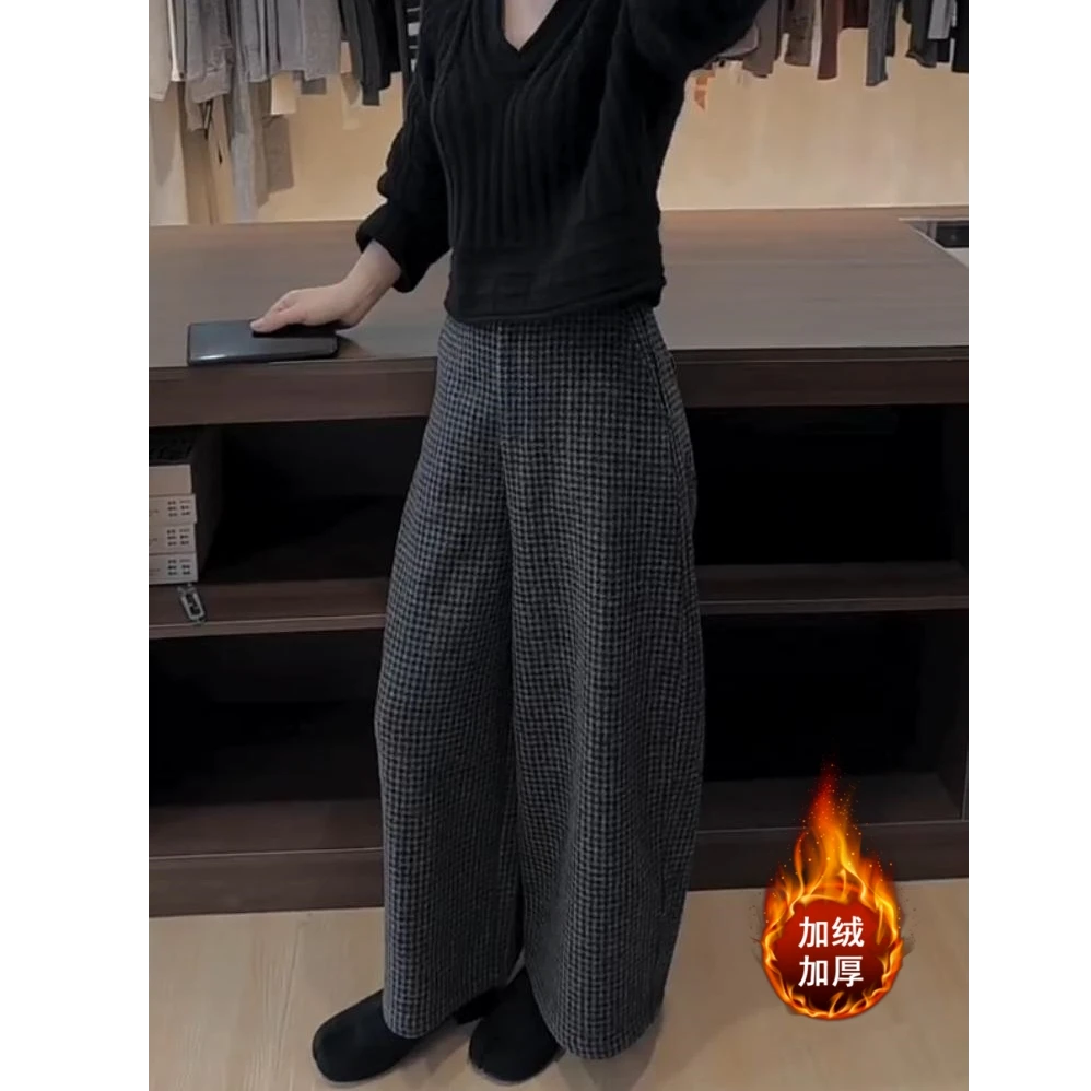 Aimeerosa/艾洛莎韩系加绒百搭毛呢格子裤2025爆款高腰九分阔腿裤