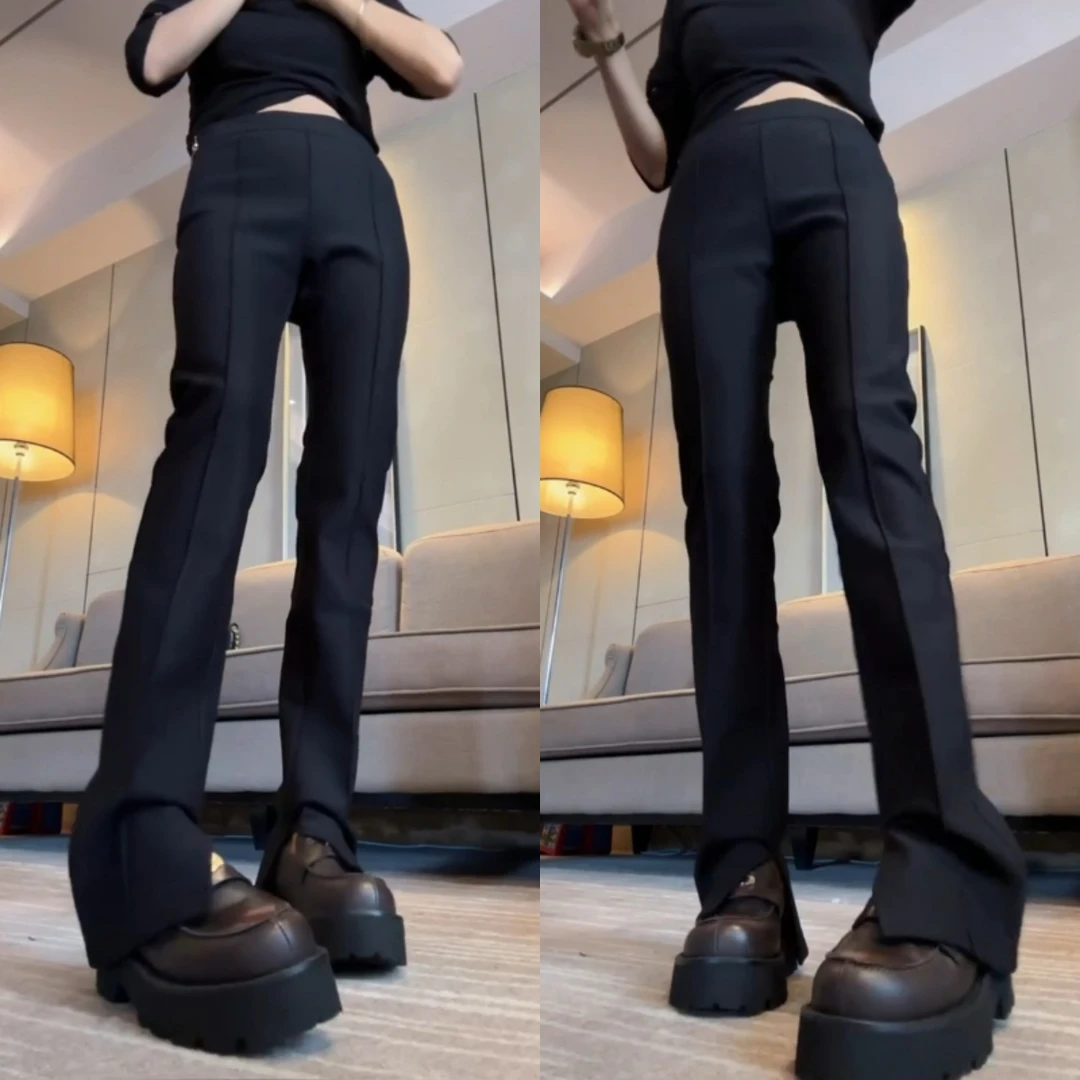 Aimeerosa/艾洛莎秋季洋气时尚帅气开叉休闲裤高腰显瘦长裤直筒裤