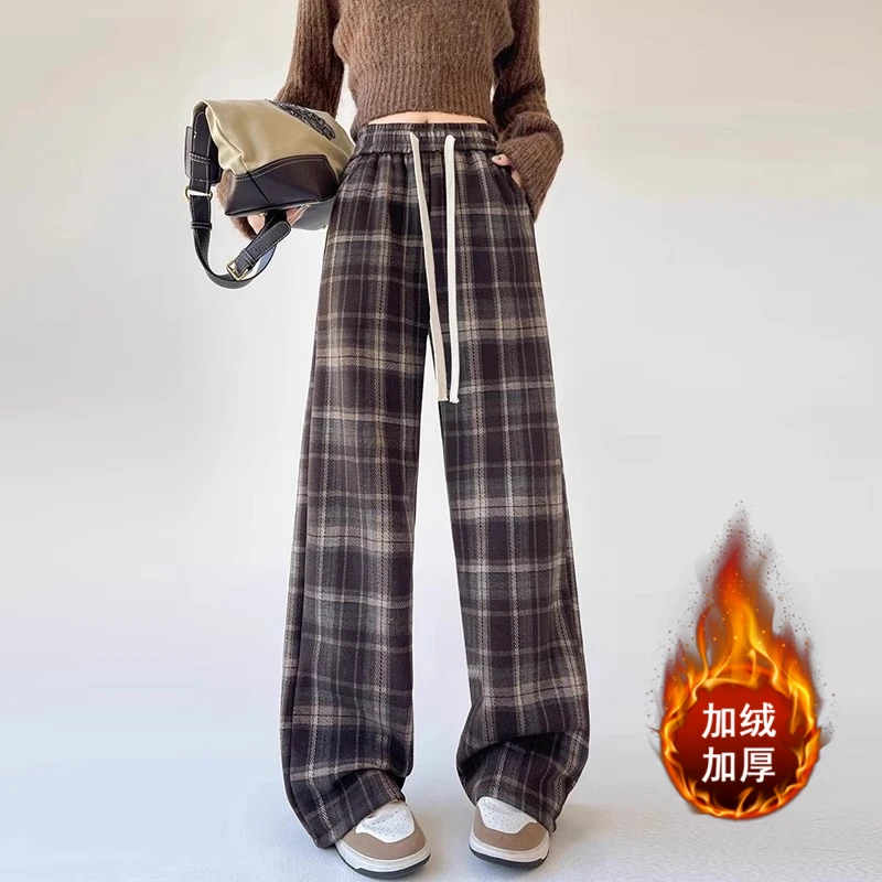 Aimeerosa/艾洛莎秋冬加绒加厚毛呢格子弹力休闲裤显瘦直筒阔腿裤