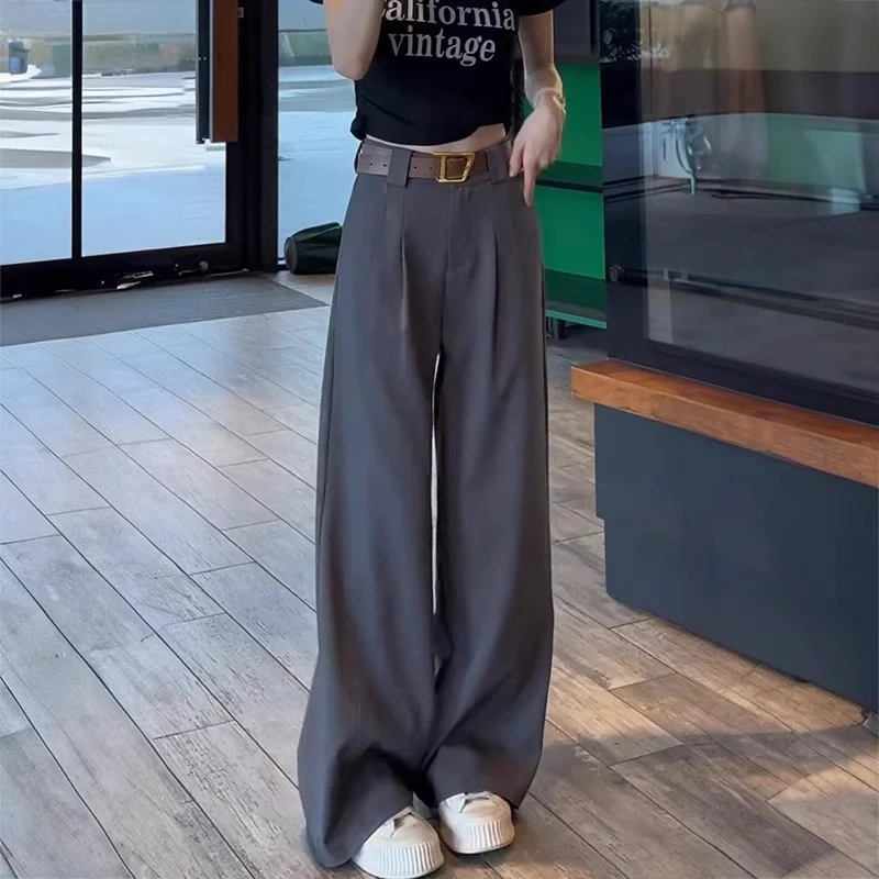 Aimeerosa/艾洛莎灰色阔腿休闲裤女2025夏季新款宽松显瘦直筒裤子