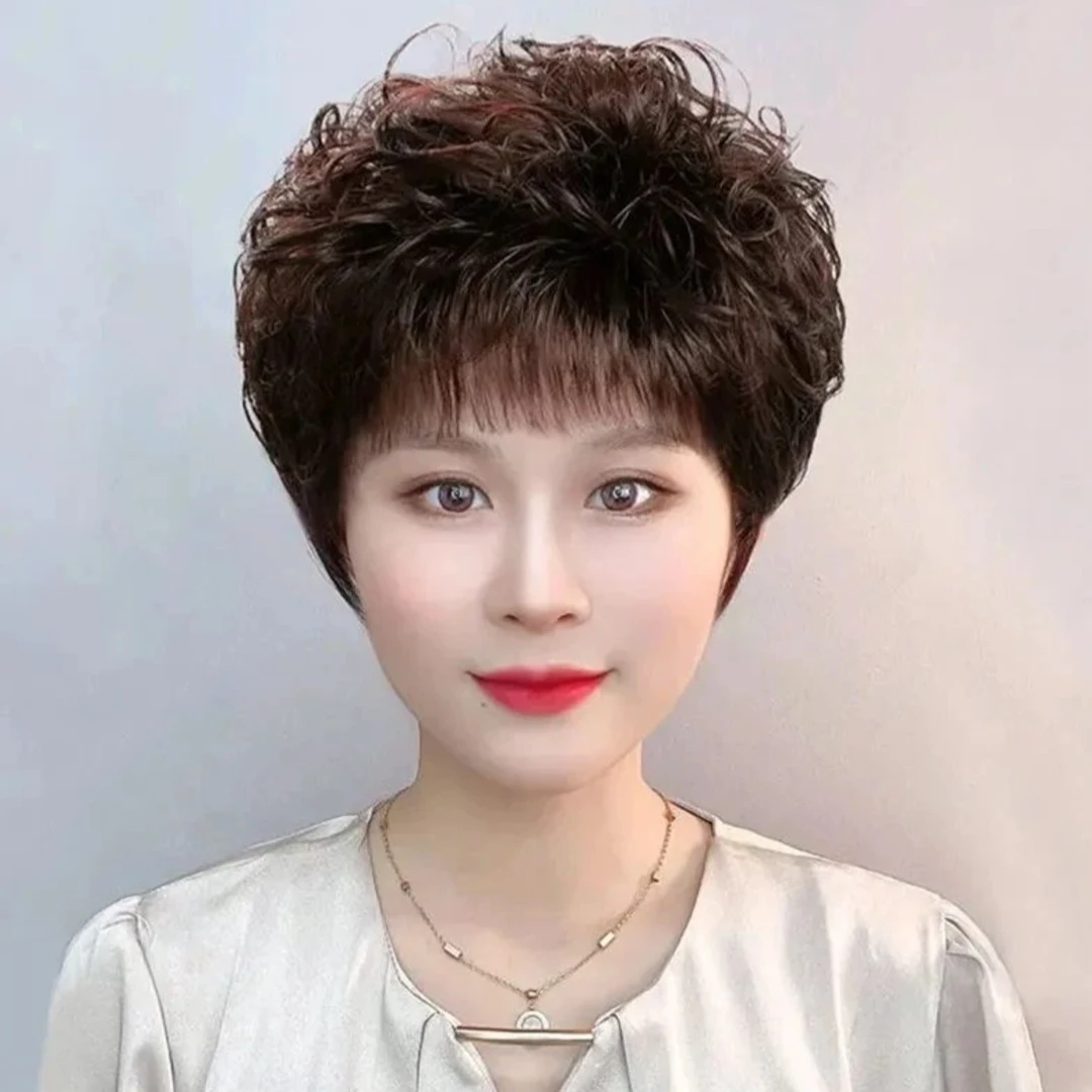 （夏季空调网）假发女短发镂空网短卷发中老年妈妈发套遮白发全头套