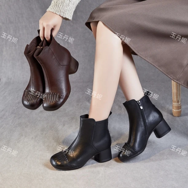 复古真皮妈妈短靴中跟百搭女鞋软底粗跟皮靴