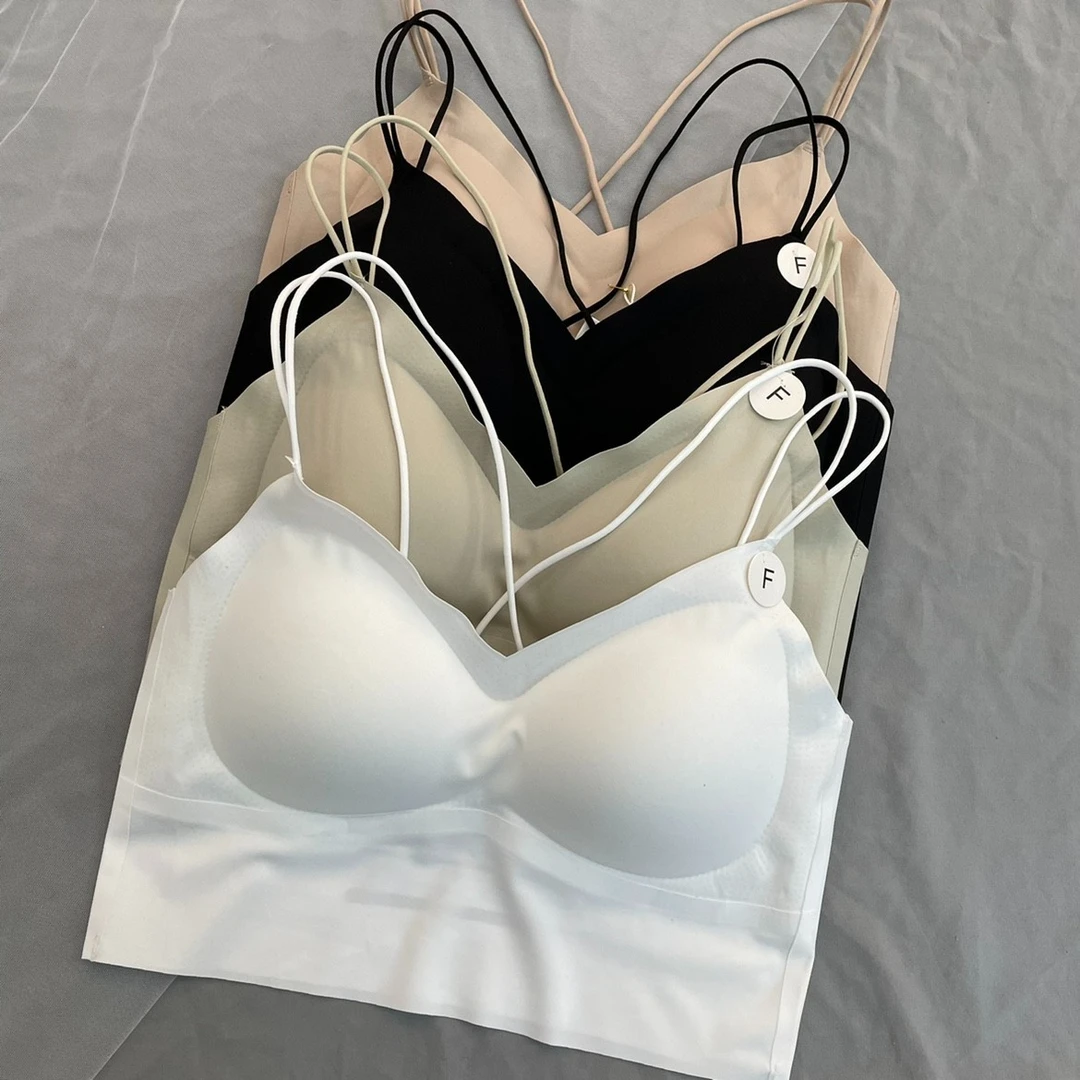 冰丝吊带背心带胸垫双肩带防走光无痕露背美背内衣上衣抹胸女夏