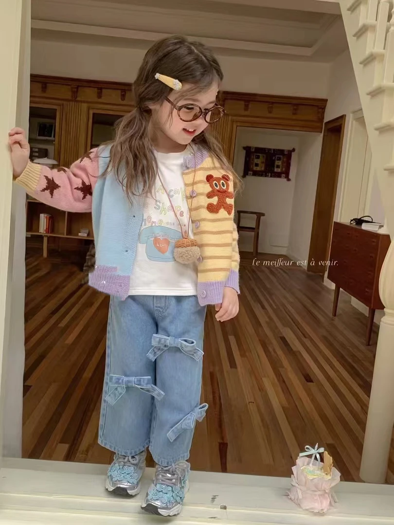 秋季新品-女童蓝色蝴蝶结牛仔裤（uu-2050）