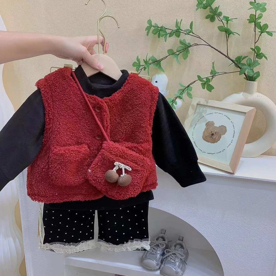 女童黑色上衣马甲波点裤三件套套装（XLL-89593-冬）