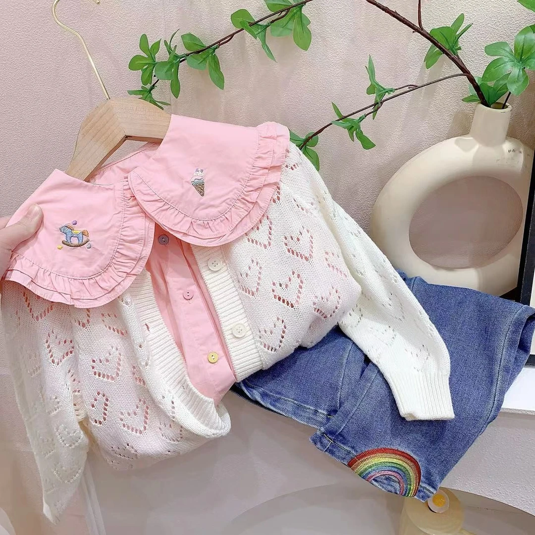 春季新品-女童杏色爱心毛衣开衫（SY-861156）