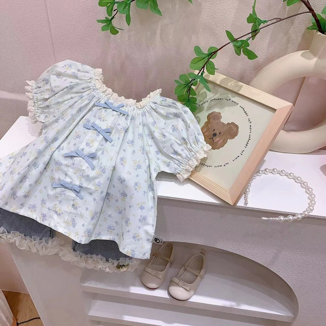 夏季新品-女童丝带蝴蝶结碎花娃娃衫（ML-253071）