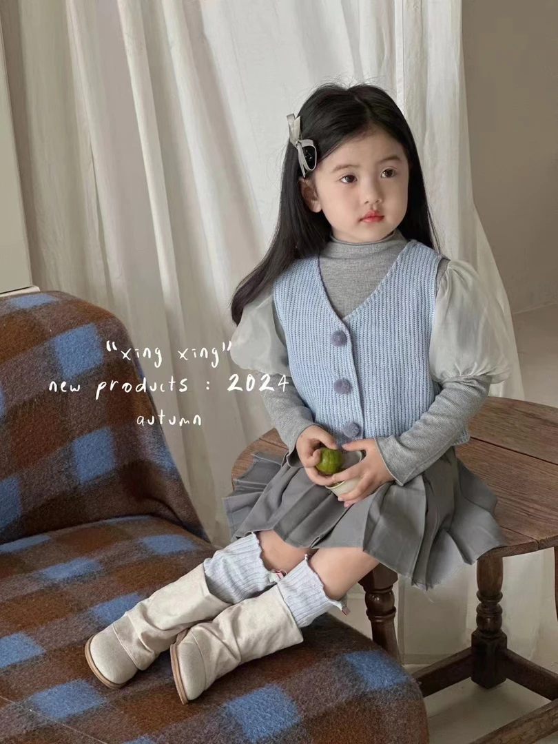 秋季新品-女童蓝色马甲三件套套装（XX-S38）