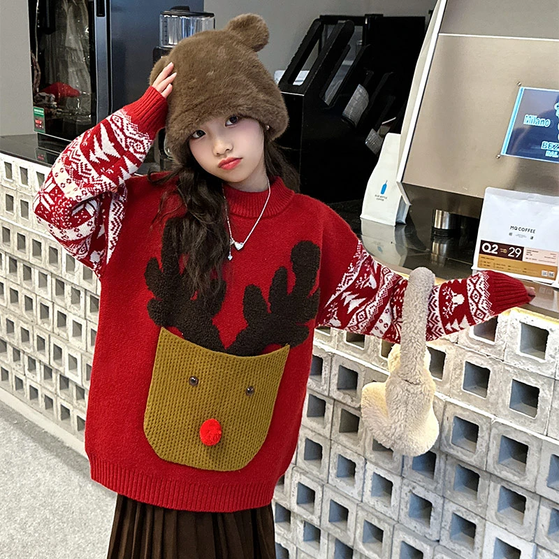 女童毛衣冬季2023新款儿童洋气红色圣诞冬装女大童加厚针织衫上衣