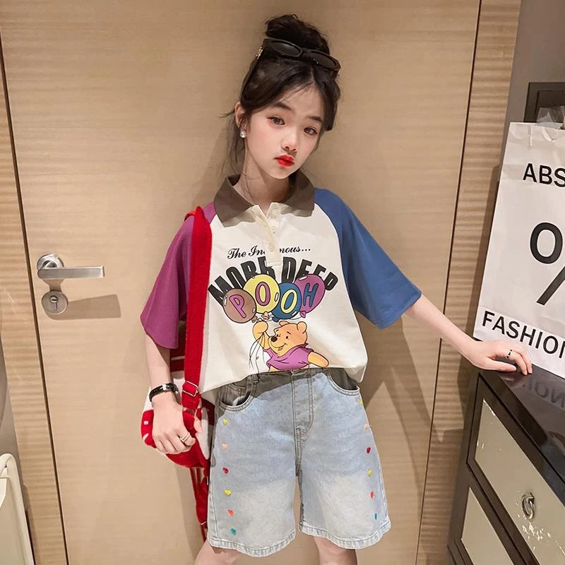 女童polo衫短袖夏季套装2025中大童洋气学生时尚卡通半袖时髦潮款