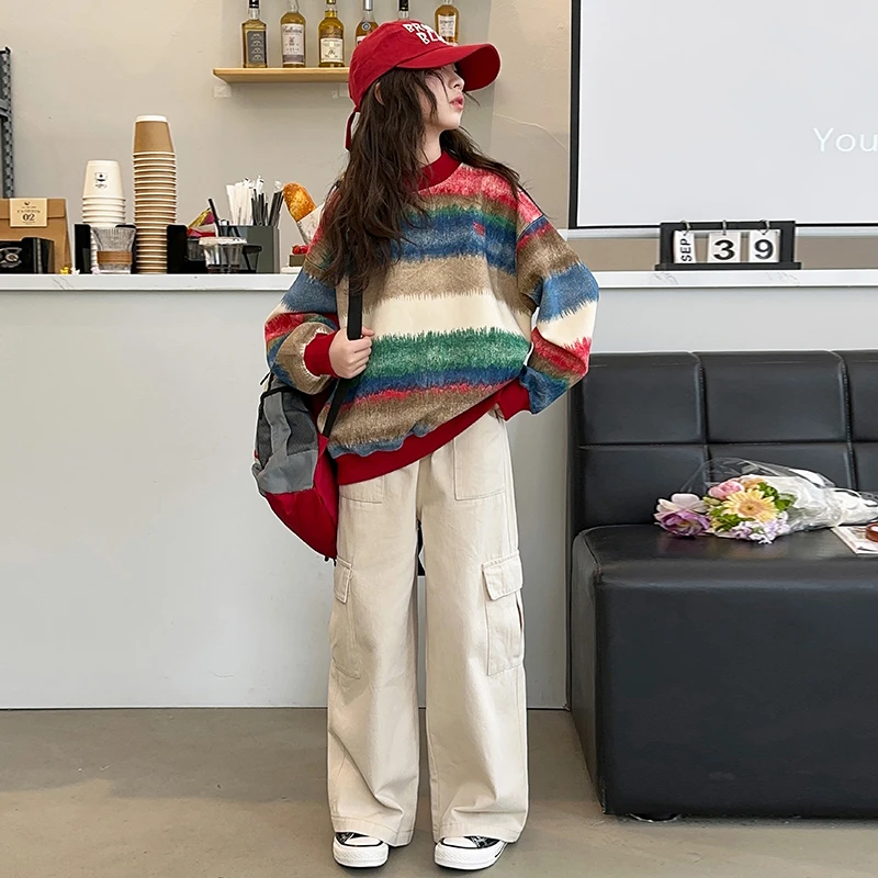 女童秋装套装2025新款女大童韩版春秋装彩色条纹卫衣工装裤两件套